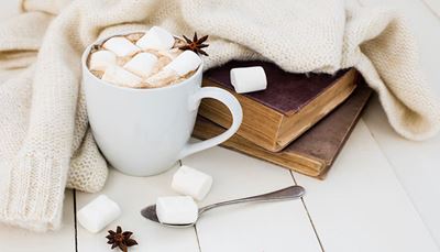 anyż, marshmallow, kakao, łyżeczka, sweter, kubek, książka, biały