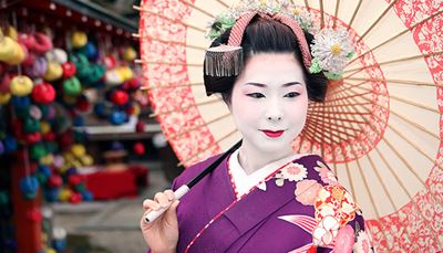 nalíčení, ornament, rtěnka, japonsko, deštník, gejša, kimono, květina, obočí, účes