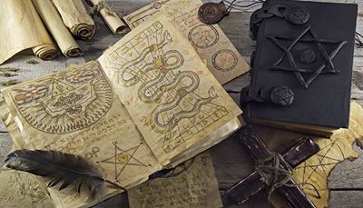 čarodějnictví, pentagram, svitek, hexagram, pírko, kříž, had, hvězda, kniha, amulet