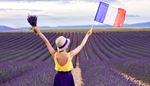 франция, горизонт, фиолетовый, леди, поле, лаванда, букет, шляпа, флаг