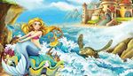 turtle, curls, seashell, mermaid, fairytale, foam, rock, fish, waves, castle, tail, tower, shore