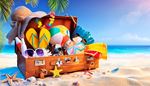 чемодан, пальма, звезда, ракушка, крем, мяч, песок, полотенце, сланцы, ласты, шляпа, пляж