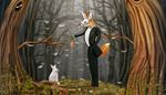 tail, tailcoat, knothole, forest, tree, rabbit, carrot, mask, fox