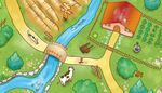 most, straszydlo, drogowskaz, studnia, ogrodek, farma, wejscie, rzeka, taczka, brama, krowa, grzadki, kot