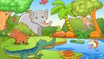 обезьяна, крокодил, хобот, черепаха, панцирь, пальма, озеро, слон, лягушка, пасть, кабан, куст, рыба